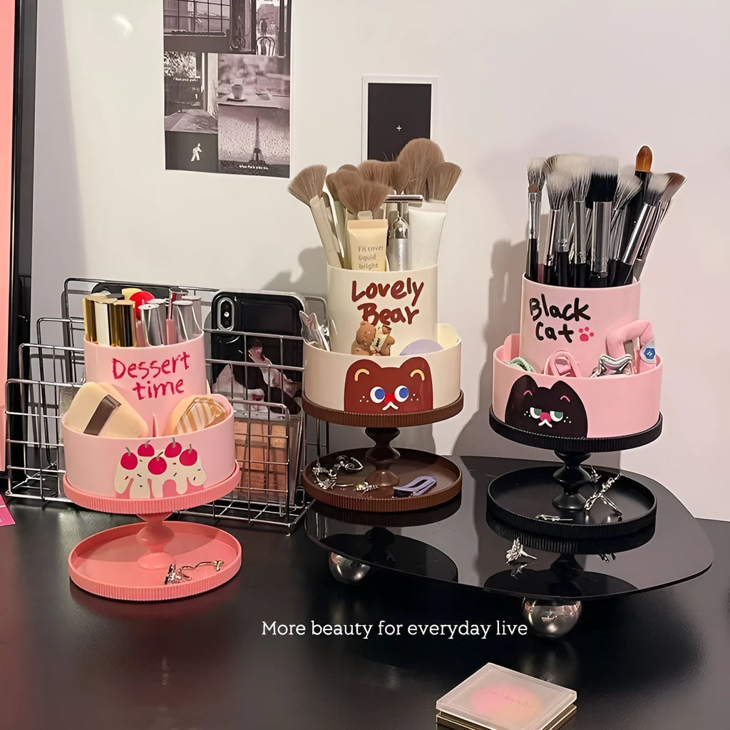 Japanese-style rotating cosmetic brush storage barrel in beige with 18-litre capacity and internal rack.