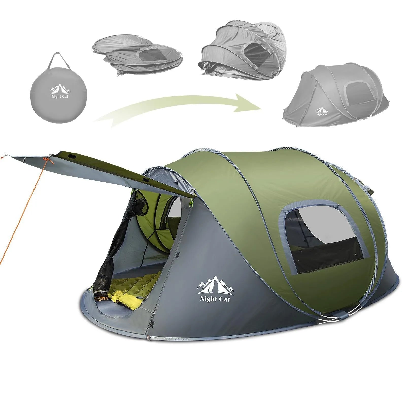 Dark green automatic pop-up camping tent for two people showing small house design