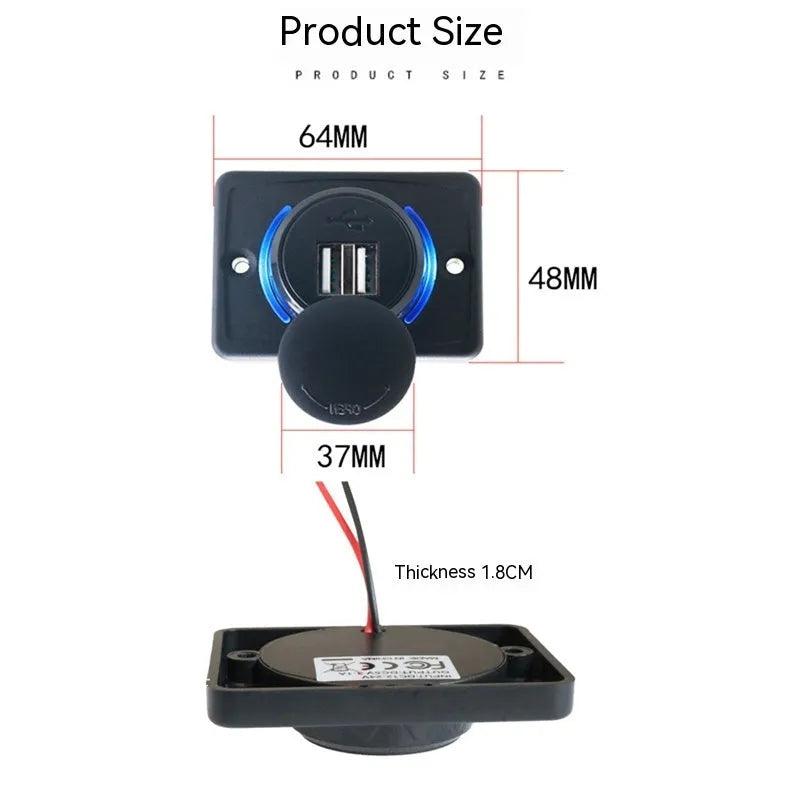 Black 12V car RV USB charger socket with dual ports and mounting screws