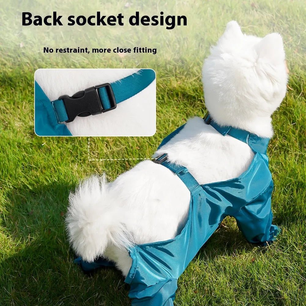 Peacock blue pet diaper bag belly jumpsuit made of waterproof memory cloth, laid flat showing foot-wrapped design