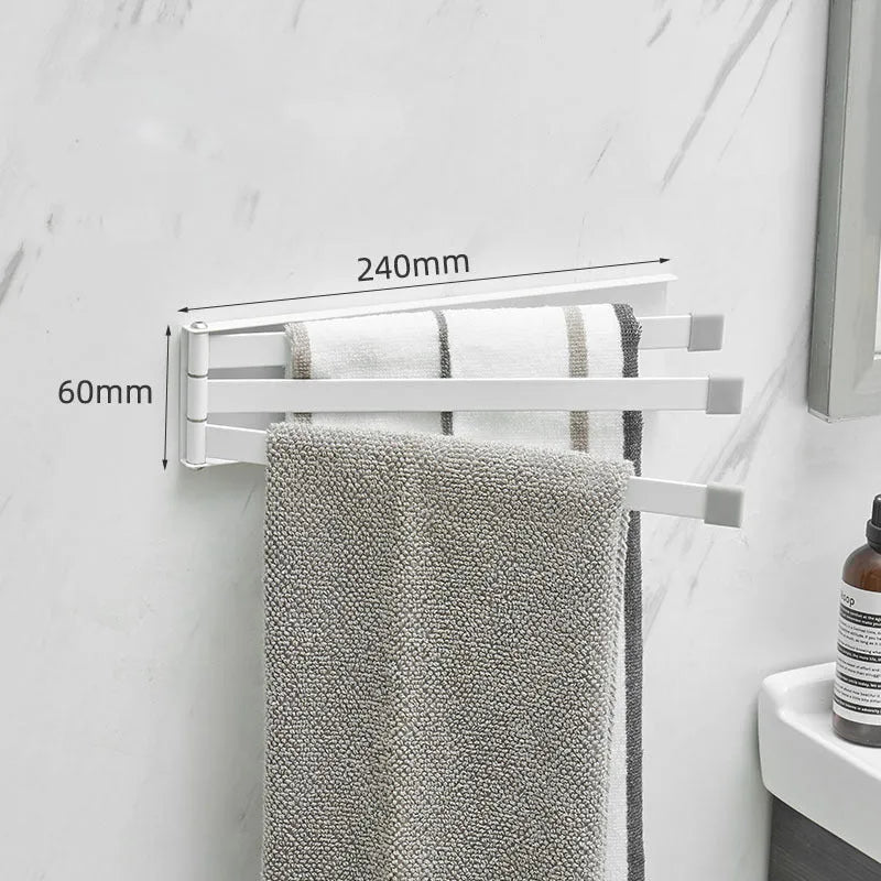 Black folding non-perforated towel bar on tiled bathroom wall, nail-free adhesive installation
