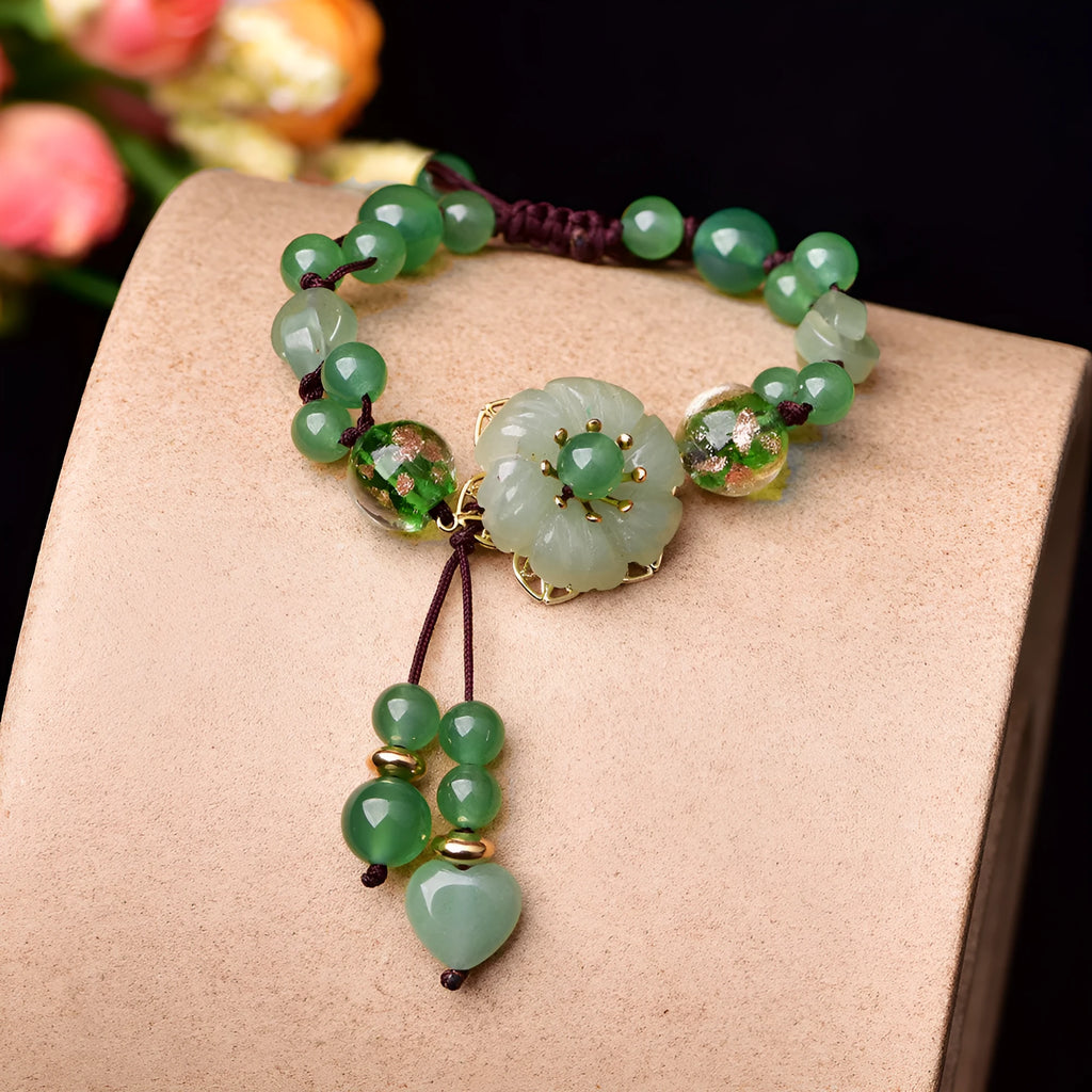 Hand-woven retro flower bracelet in Chinese style, mixed materials, petals style colourway, with auspicious patterns