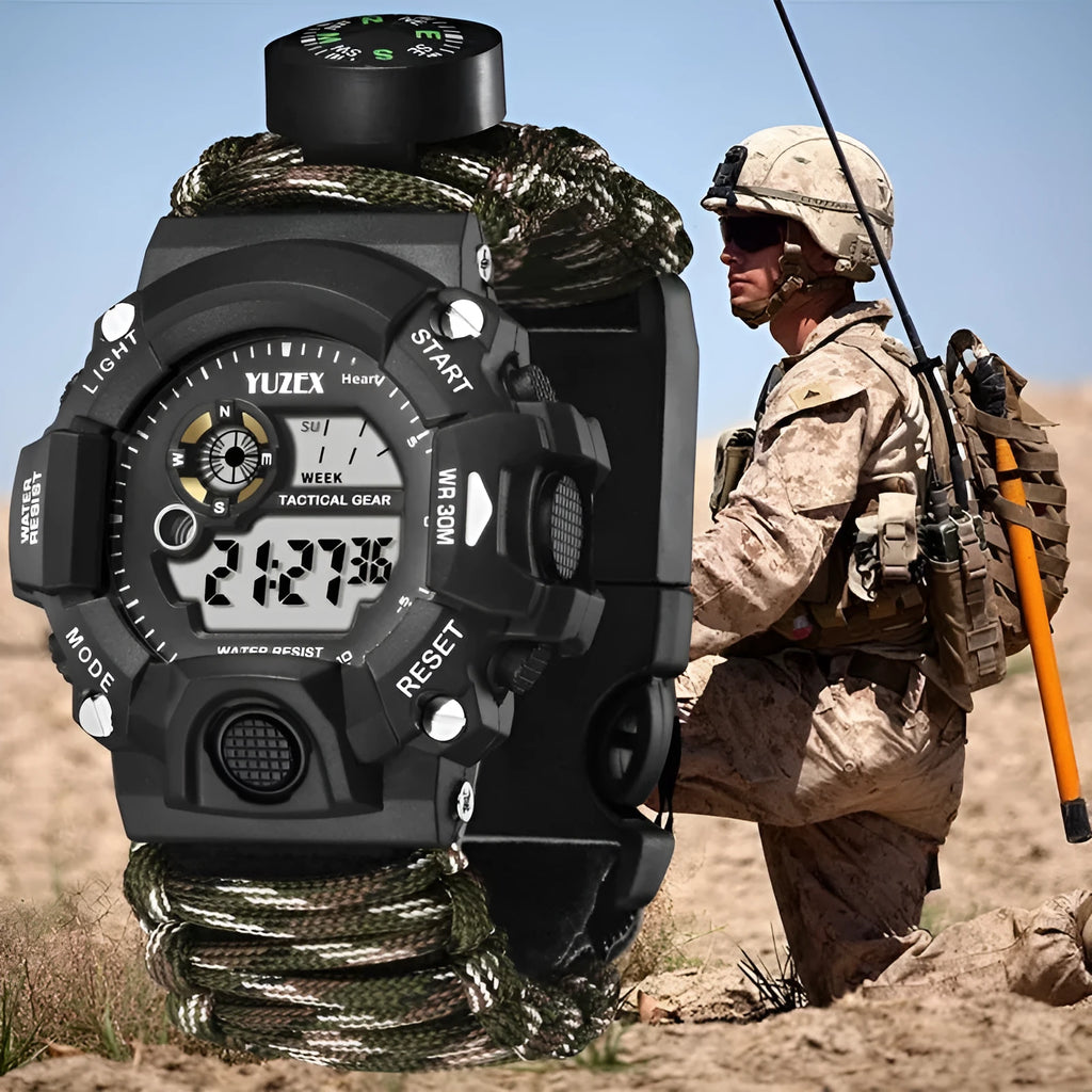 Multifunctional outdoor survival bracelet watch with black parachute cord strap compass whistle and firestone