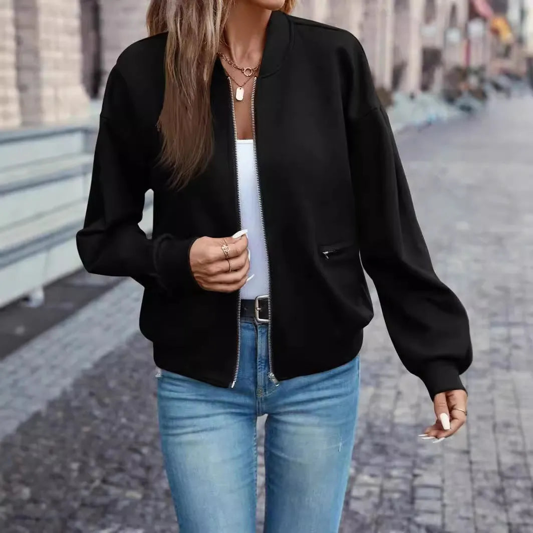 Black women's zip jacket with long sleeves and faux pockets