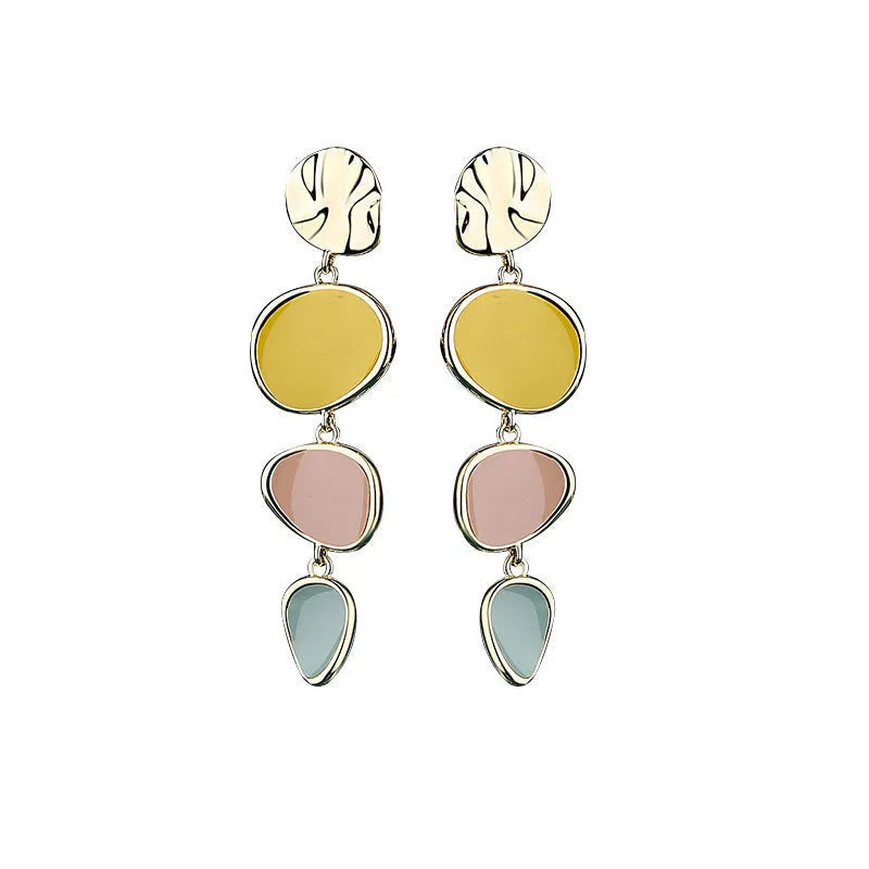 Morandi three-colour oil drip pattern on wafer-thin alloy disc earrings with sterling silver needles.