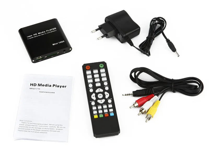 Compact blue or black all-metal 1080p Full HD media player with remote control