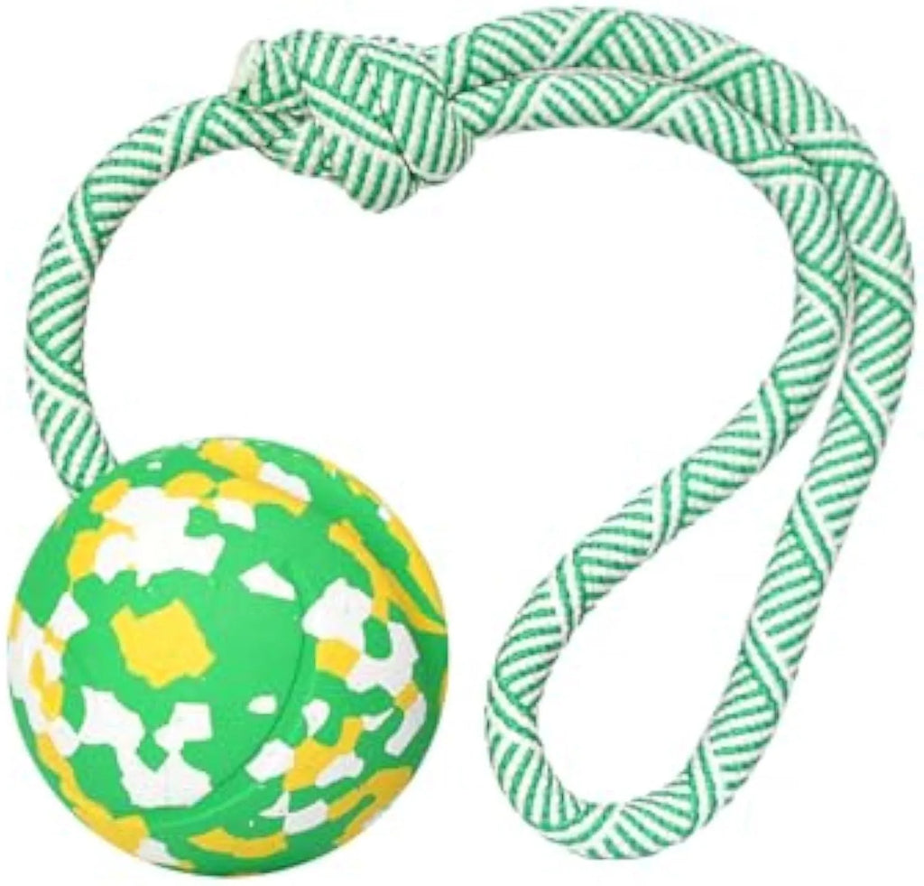 Natural rubber dog ball attached to nylon rope toy for medium and small dogs