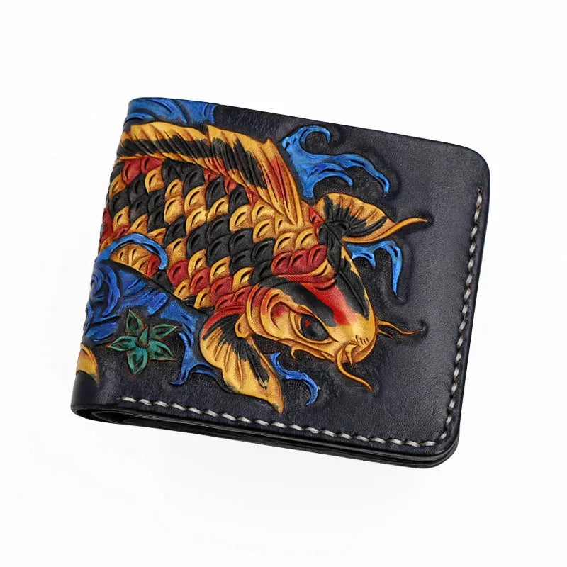Men's cow leather carving wallet with open closure in red, blue, or gold colours showing texture detail