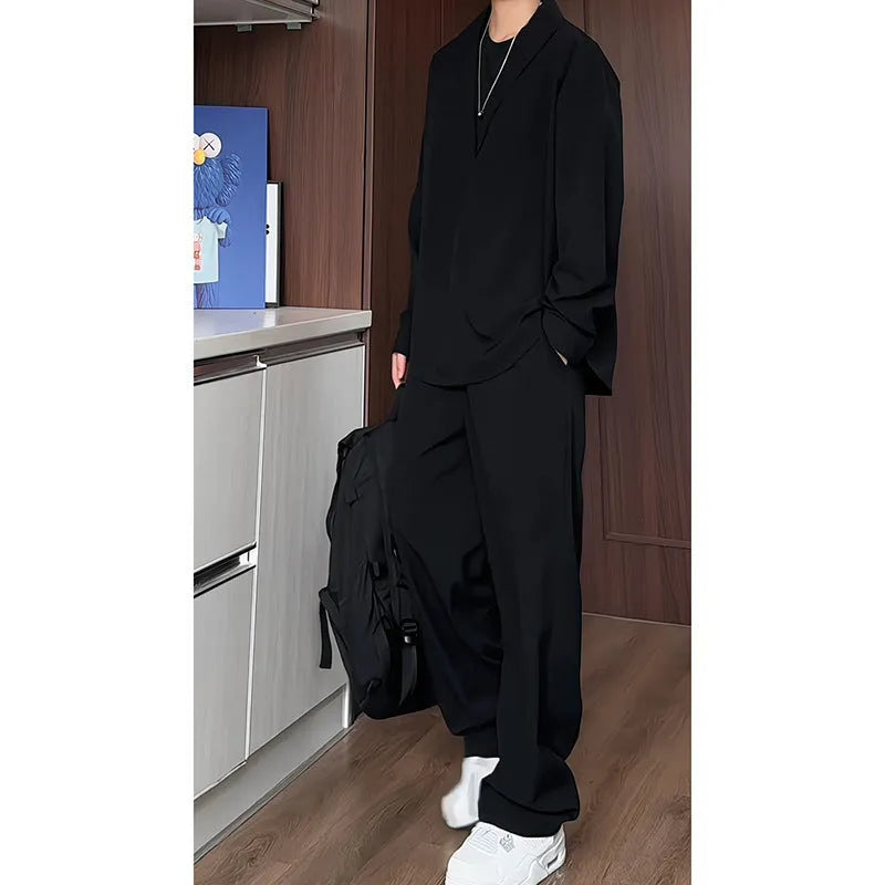 Men's black elastic hemp polo shirt and trousers two-piece casual suit for plus sizes