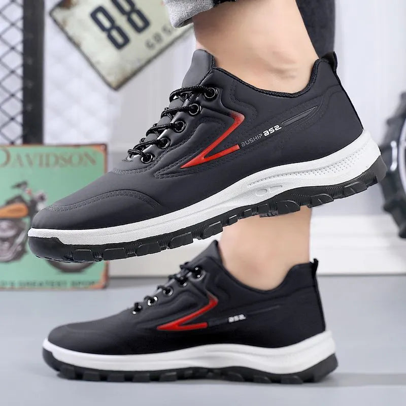 Student waterproof leisure soft bottom sports work shoes in black and gray, low-top lace-up design with artificial PU upper