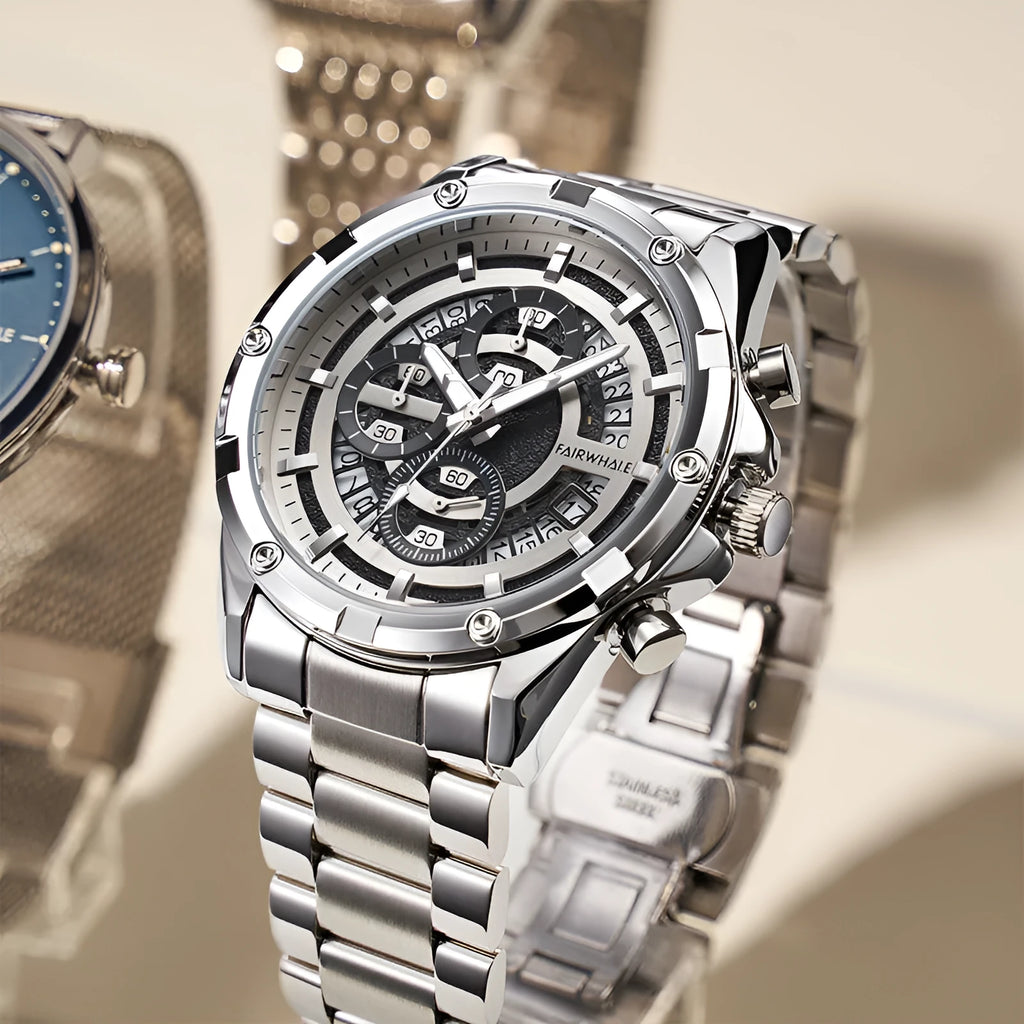 Men's luminous waterproof quartz watch in stainless steel with three colour options