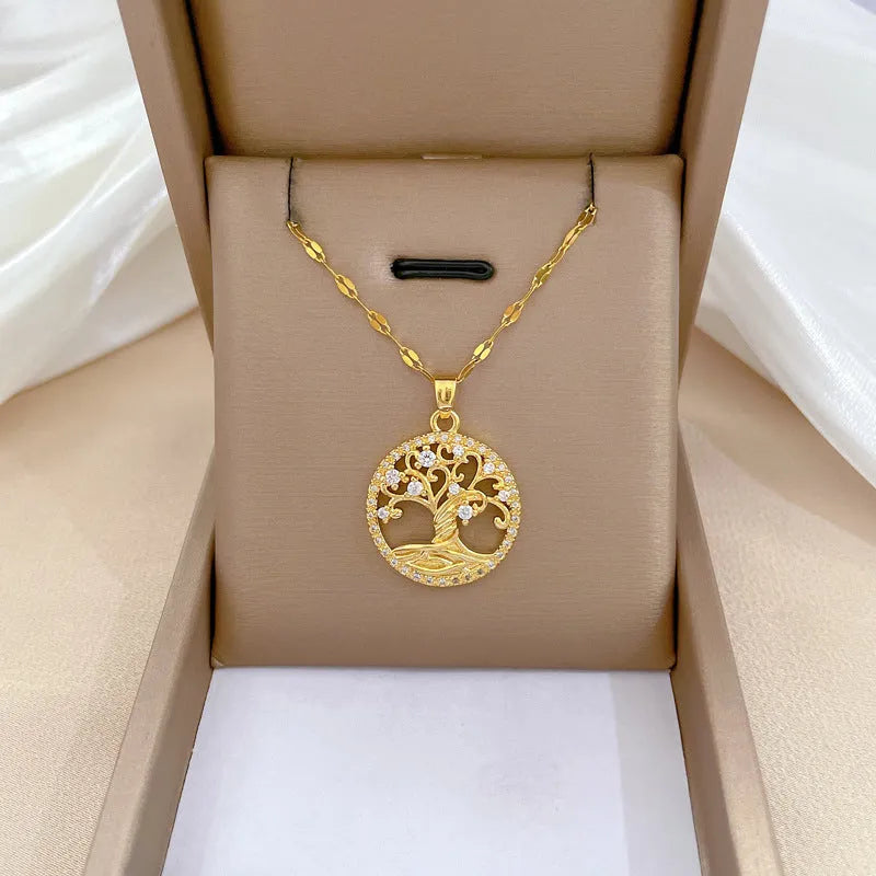 Gold-plated cross necklace with mother pearl pendant featuring zircon lucky tree design on adjustable chain