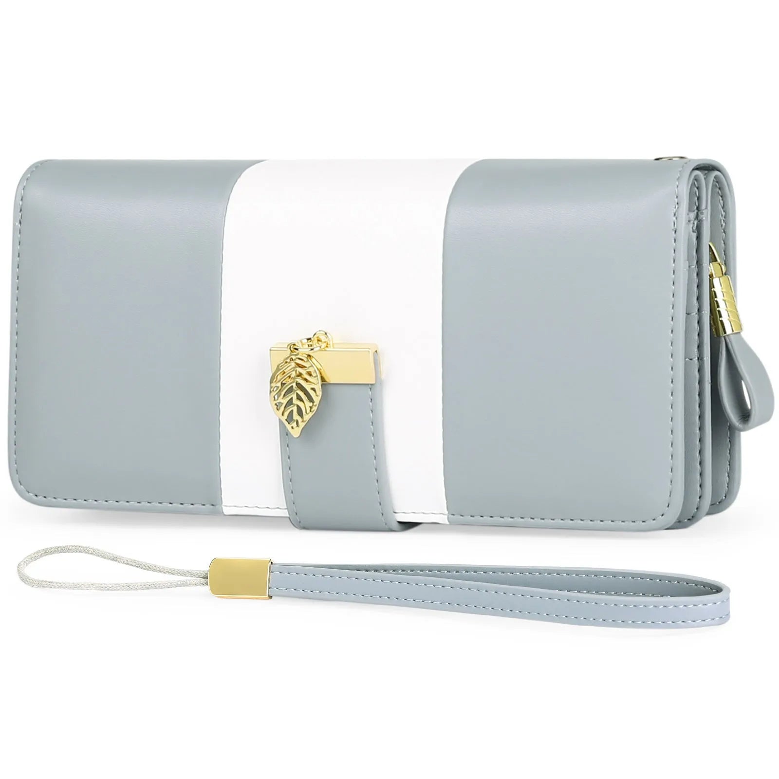 Anti-theft RFID clutch bag with locking clasp in black PU leather showing foldable design