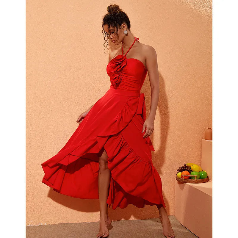 Red V-neck one-piece swimsuit with detachable skirt for women, open back design