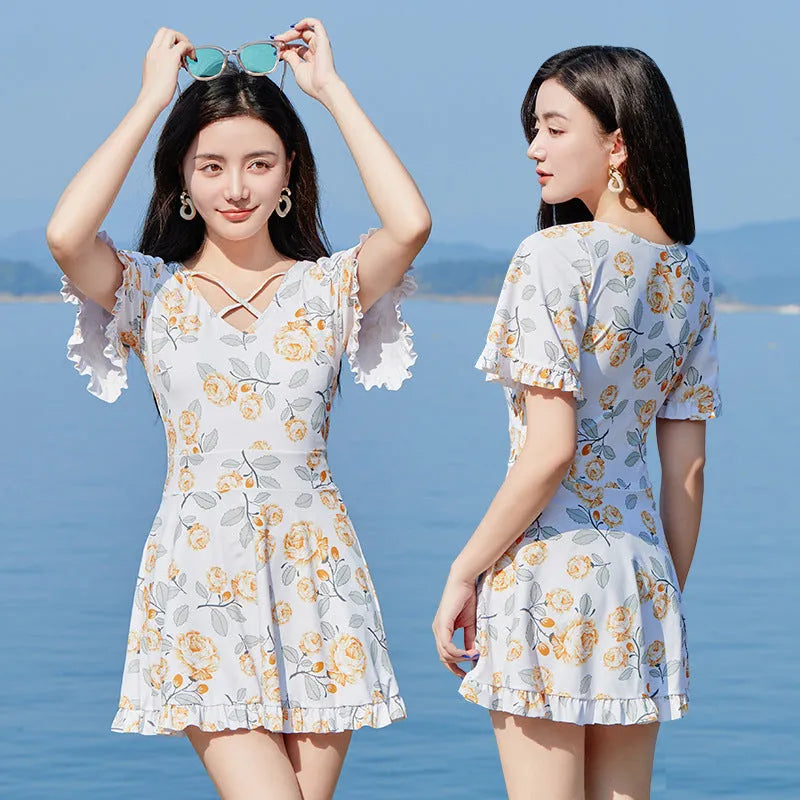 Women's high waist slimming printed one-piece swimsuit with white flower pattern on polyester in size M L XL XXL