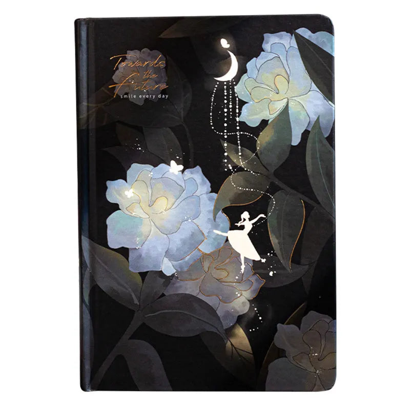 A5 notebook with luminous colourful illustration cover shown in deep blue, gold, light blue, and purple colour options.