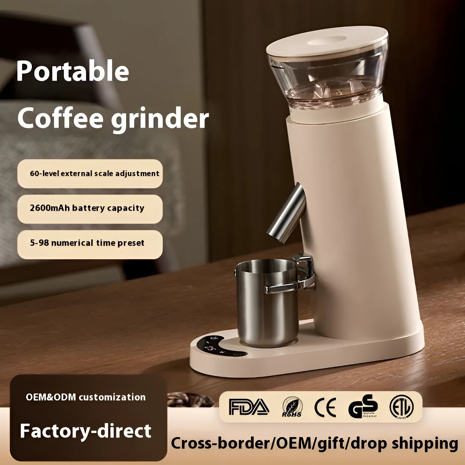 Portable electric coffee grinder and machine in stainless steel with 0.5L capacity.