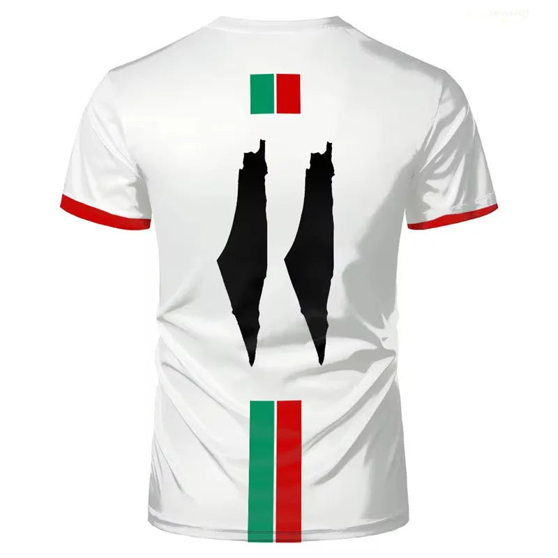 Black football T-shirt with 3D printed design showing half sleeves and stretchy spandex fabric