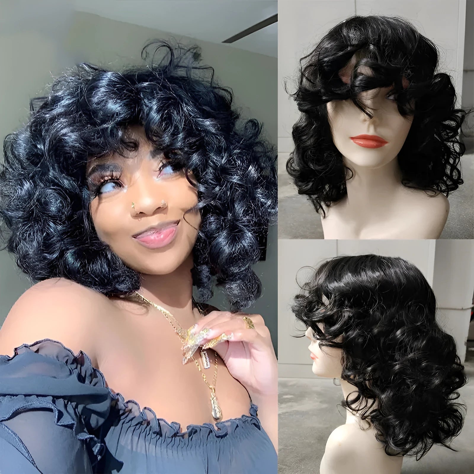 Women's long curly Afro wig in black, synthetic high temperature fibre, suitable for any face type