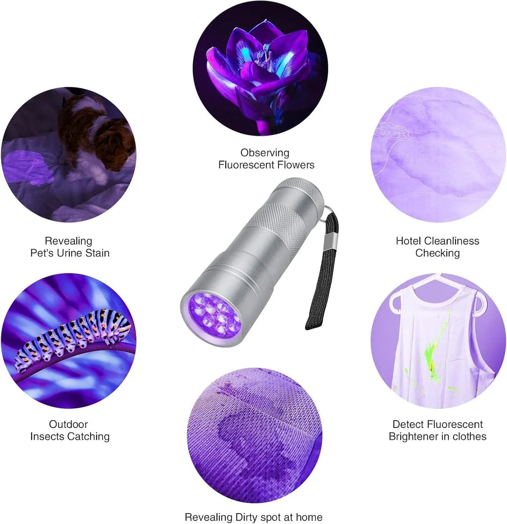 Black aluminium UV flashlight for detecting pet urine stains and insects