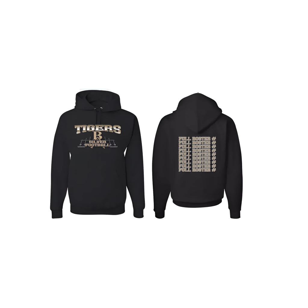 Black pullover hoodie with drop-shoulder sleeves on a neutral background