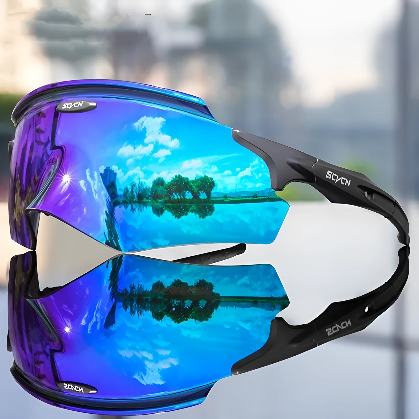 Frameless integrated lens athletic sports glasses in a colourful style.