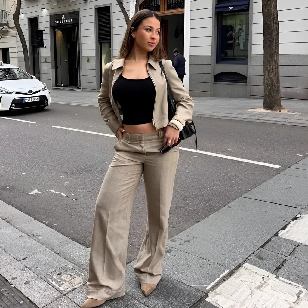 Women's summer casual suit with herringbone pattern embroidery on long sleeve coat and straight-leg trousers