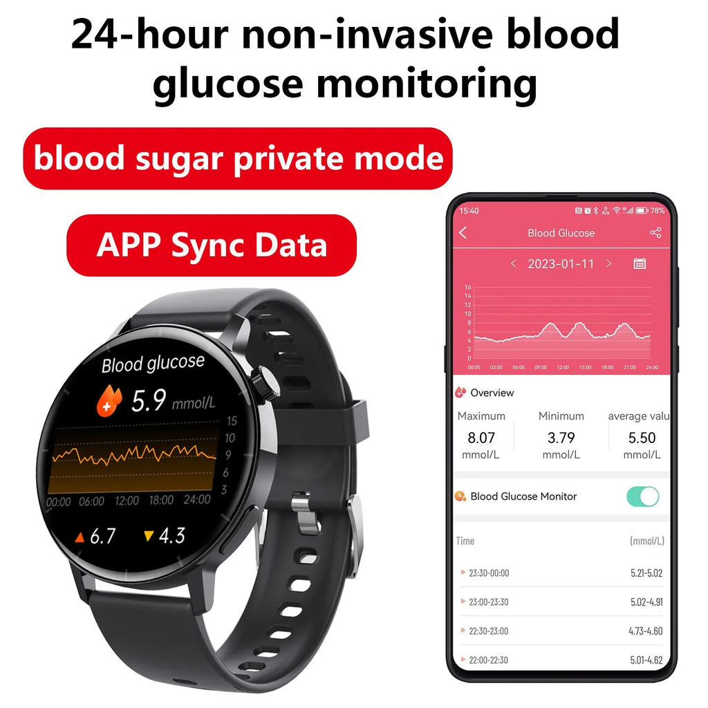 F67S third generation blood glucose smart watch on wrist, red light sensor, black strap variant
