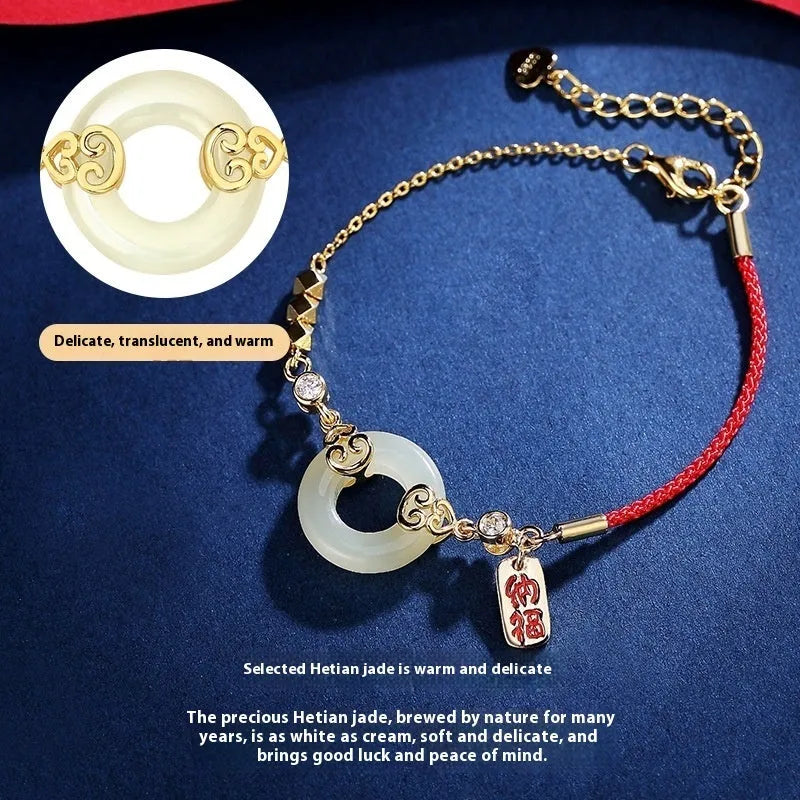 Hetian jade gourd bracelet in 925 sterling silver peace buckle Fu character women's Chinese style