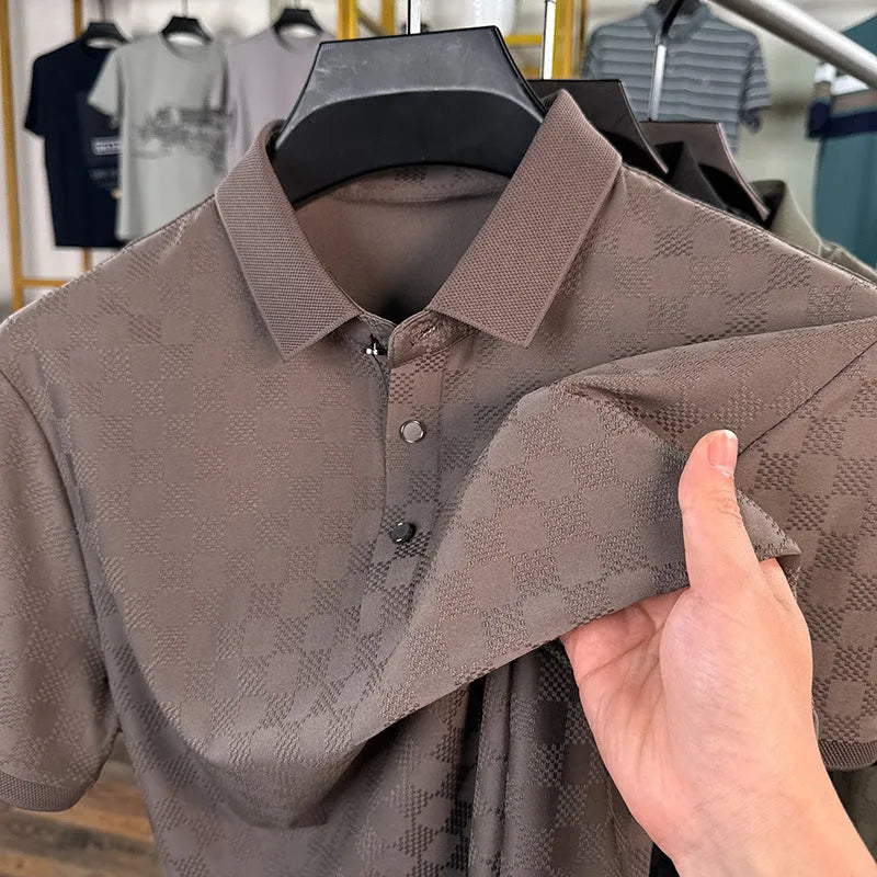 Black rhombus pattern thin ice silk short sleeve T-shirt with a slit design on a hanger.