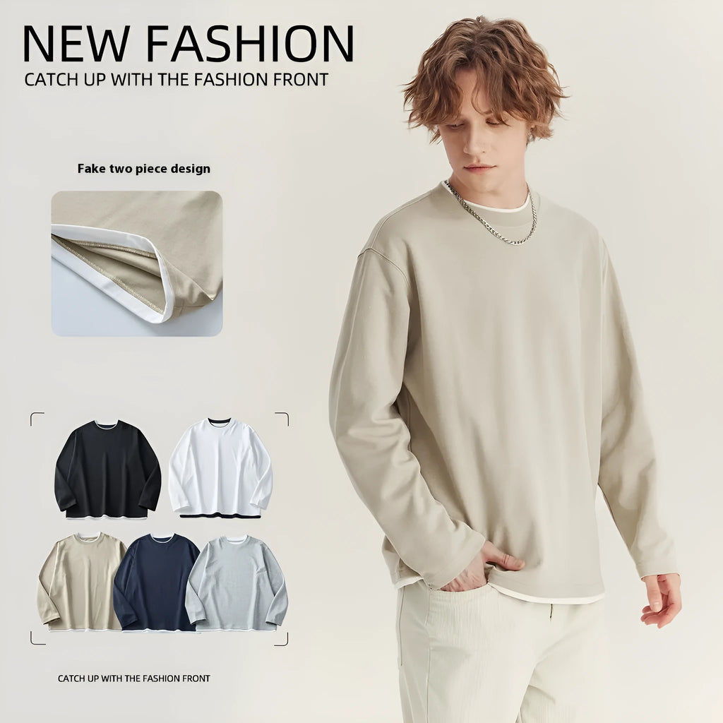 Men's long-sleeved loose cotton blend round neck t-shirt in solid colour with contrast top