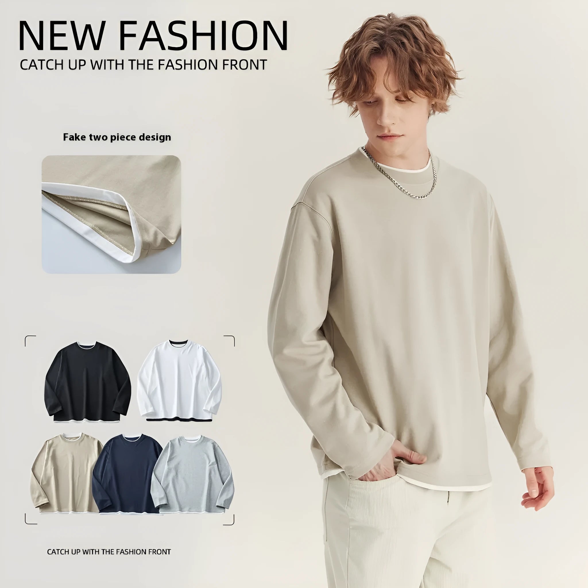 Men's long-sleeved loose cotton blend round neck t-shirt in solid colour with contrast top