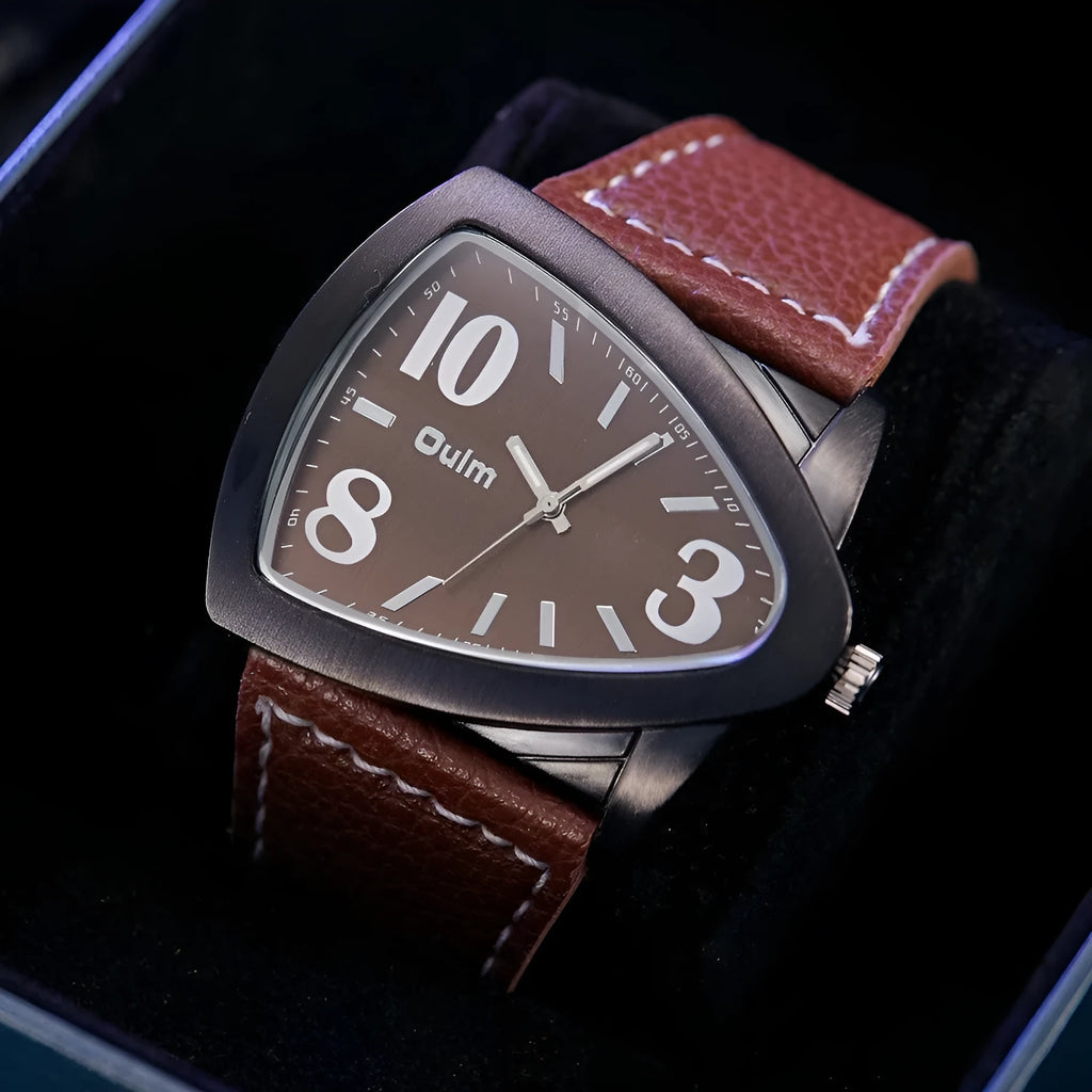 Men's casual triangle belt quartz watch showing 9mm thickness and colour options