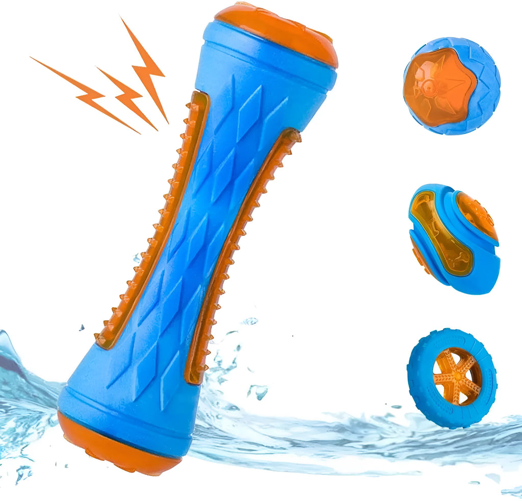 Set of three TPR dog toys: a spiked ball, a barbell, and a tire, shown as floating squeaky toys for water fetch.