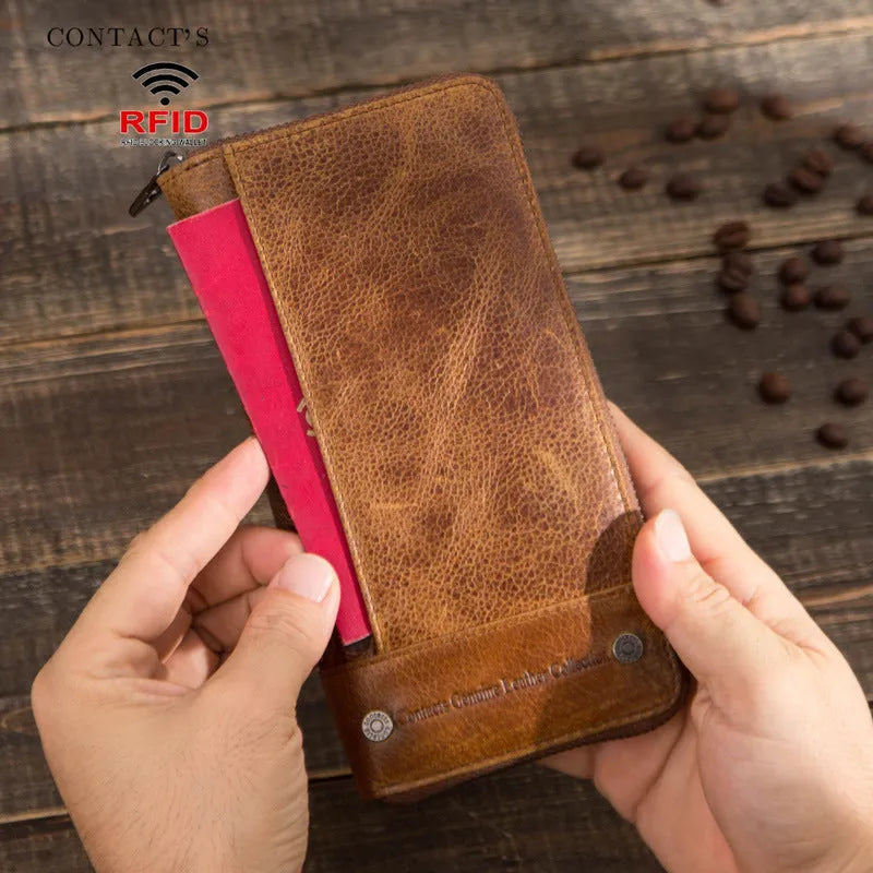Cowhide anti-theft swiping men's long genuine leather zipper wallet in brown with visible stitching and zipper