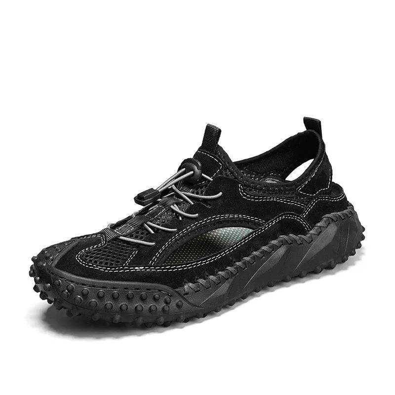 Men's non-slip hollow wading sandals in 8854 Black with leather mesh upper and rubber sole