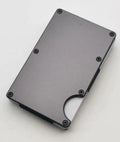 Aluminium grey carbon fibre credit card wallet showing card slots and RFID protection
