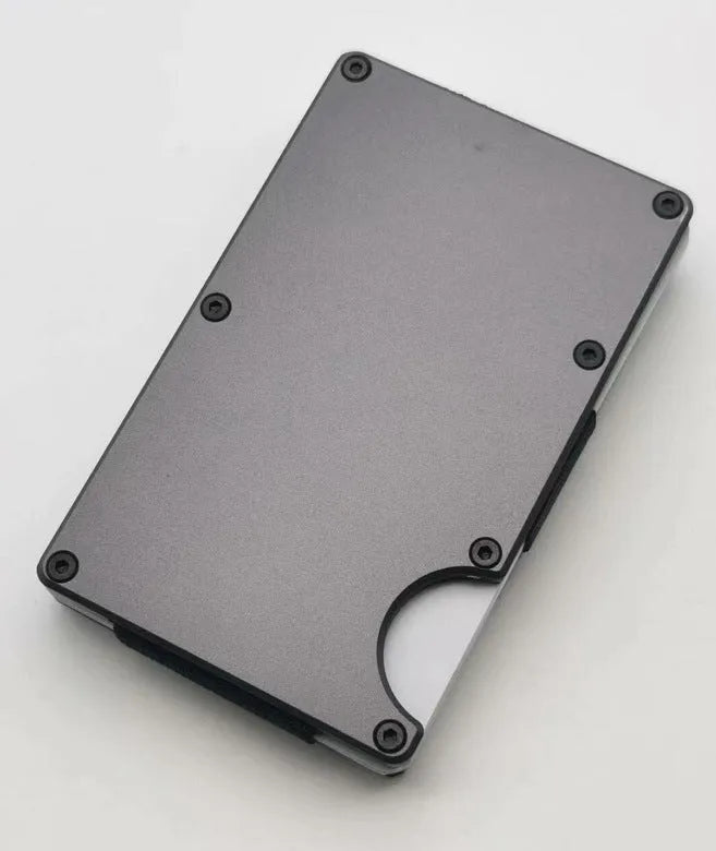 Aluminium grey carbon fibre credit card wallet showing card slots and RFID protection