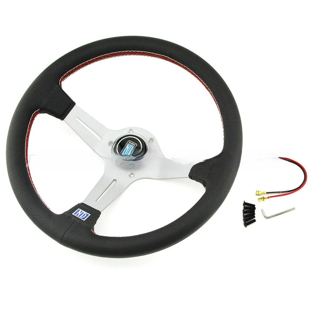 BMW steering wheel with leather surface and middle concave design, silver black colour