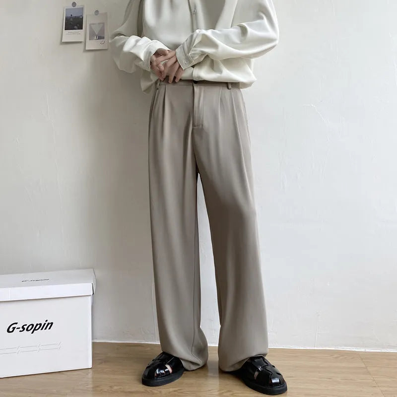 Men's loose straight casual trousers in solid colour, white black light gray polyester fabric