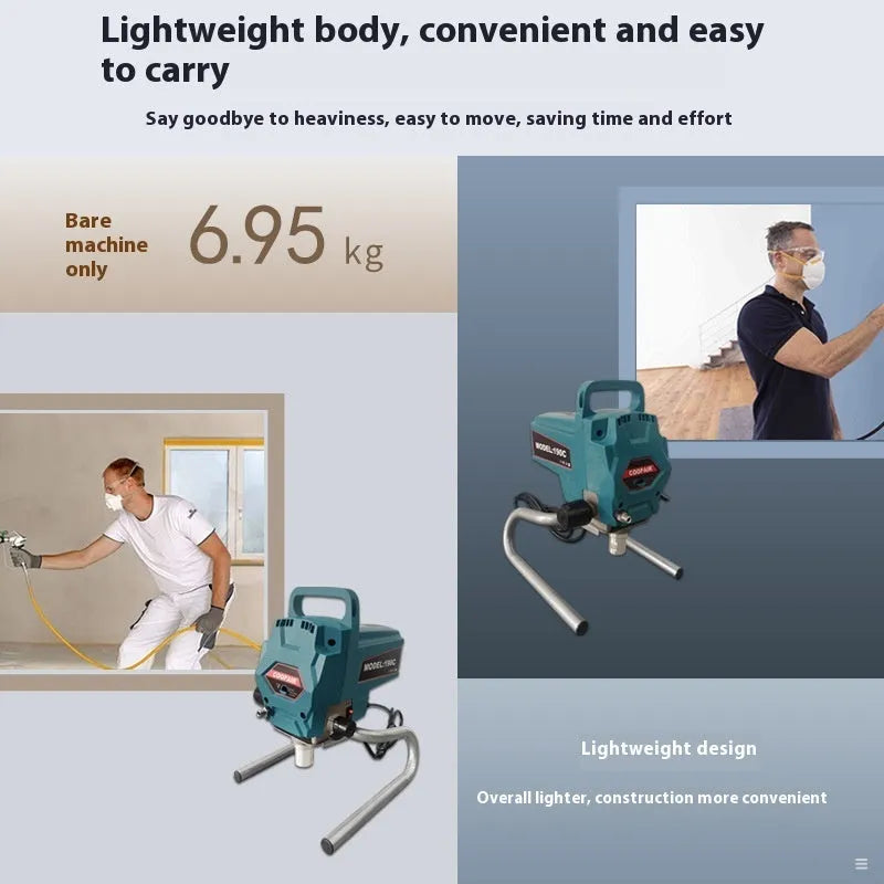 110V electric latex paint spraying machine with spray gun, 10m hose, and 517 nozzle on a work surface