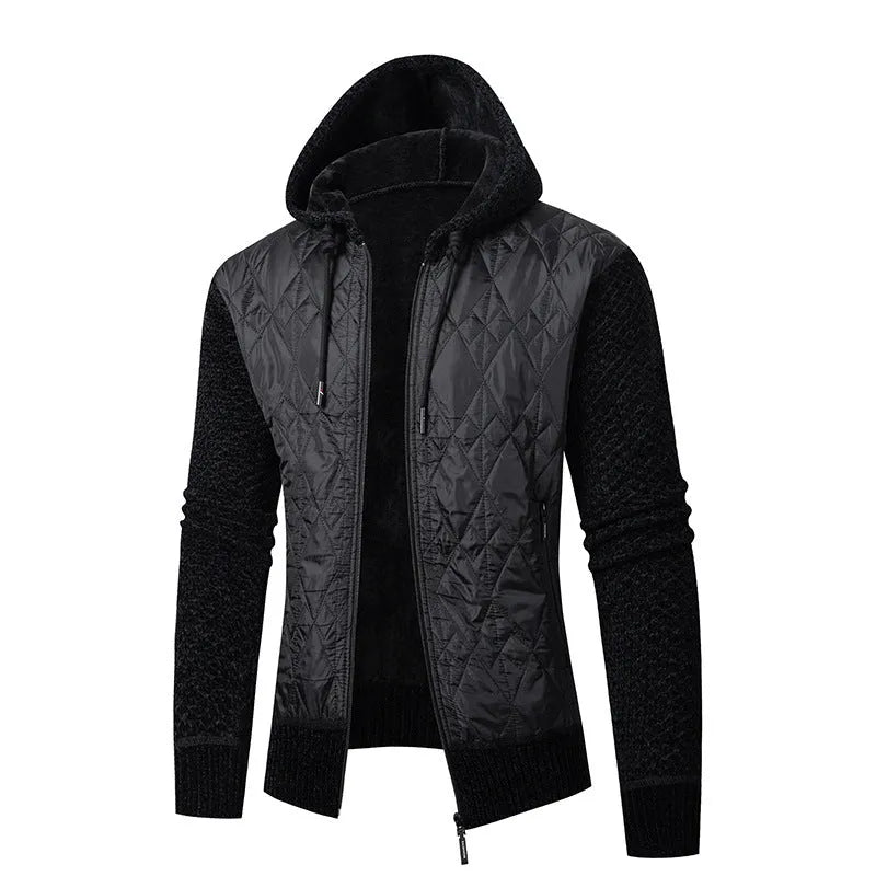 Men's grey hooded corduroy sweater coat with cinched waist showing wool texture and cardigan style