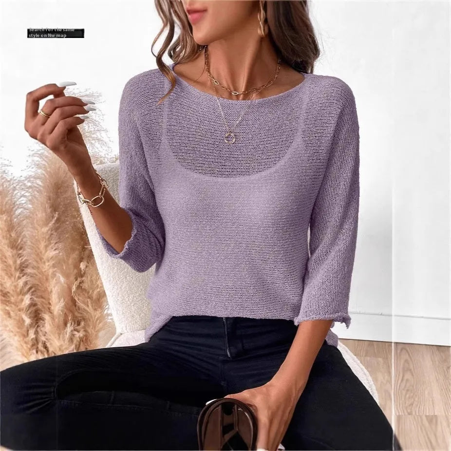 Thin knitted off-the-shoulder top for women in bean purple with 3D pattern and three-quarter sleeves.