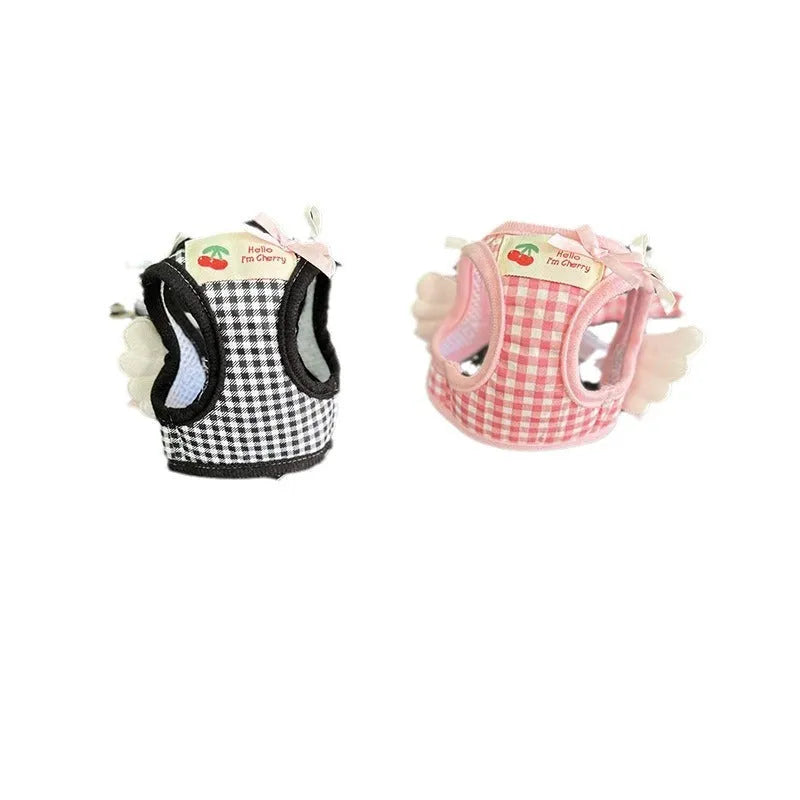 Cotton chest and back harness with hand holding rope for small dogs in pink and black colours