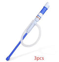 Blue manual siphon hand pump with a long hose for transferring fuel and liquids.