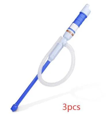Blue manual siphon hand pump with a long hose for transferring fuel and liquids.