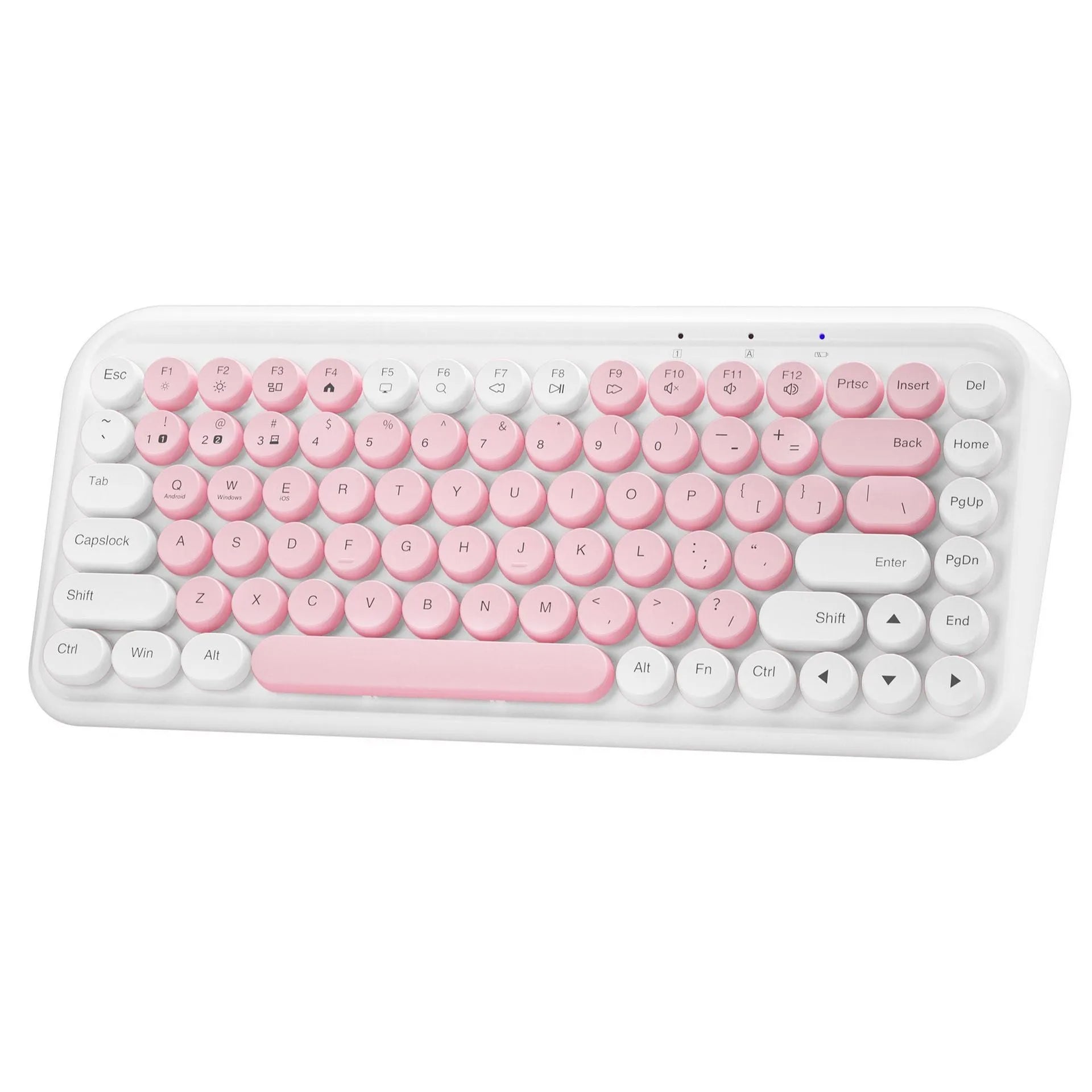 Pink portable Bluetooth keyboard with 84 keys showing crater architecture buttons