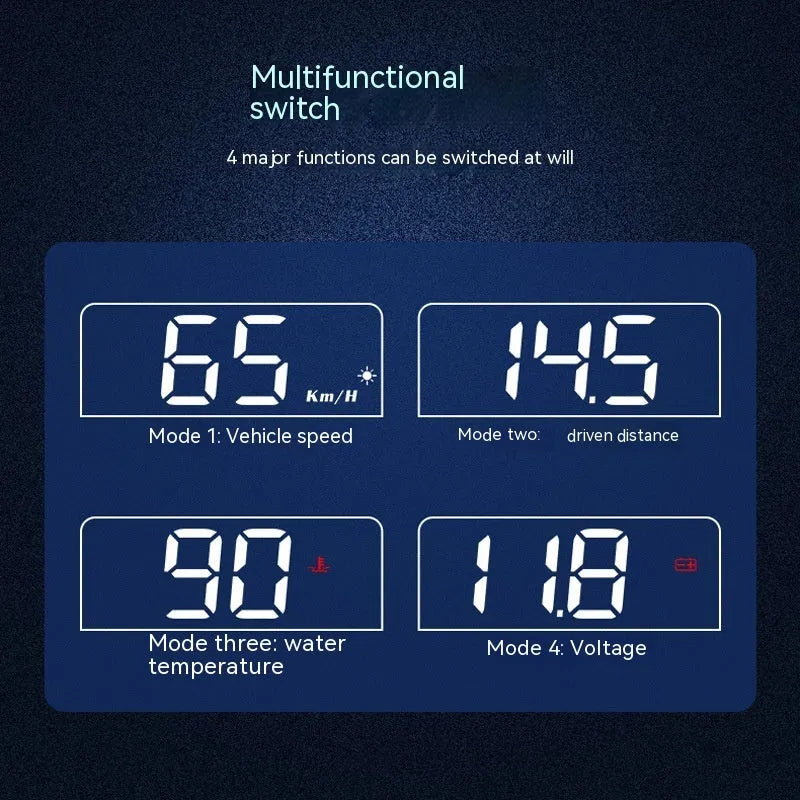 Black ABS car head up display with 2.0-inch screen and OBD interface on windscreen