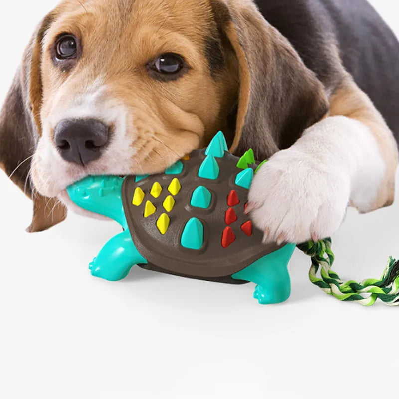 Natural rubber dog toothbrush chew toy with mint flavour and knot tail for dental cleaning and interactive play