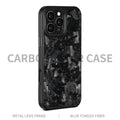 Black carbon fibre mobile phone case with a metal frame and magnetic feature for iPhone 17 models.